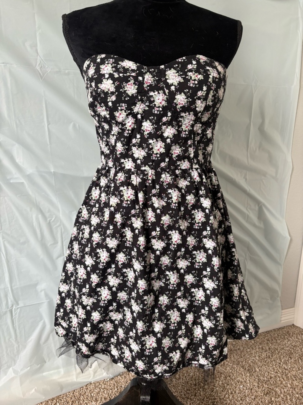 Papaya Strapless Black Floral Fit & Flare Tulle Dress
